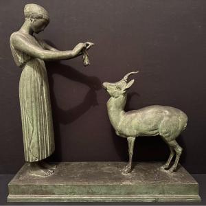 Art Deco Bronze Young Girl Dressed And Gazelle Or Bagatelle Fountain By Henri Bouchard 1912