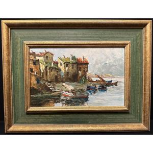 Marine Painting Boats At Quay In The Mediterranean Saint Tropez ? By Rudolf Cermak Around 1930