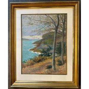 Large Pastel Drawing The Vicomté In Dinard Brittany By Francis Bellanger 1911