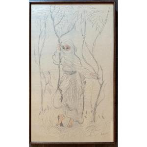 Large Orientalist Drawing Young Woman In Garden By B Rice 89 X 53 Cm XXth Century