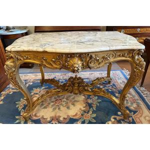 Louis XV Style Center Table In Gilded Wood With Marble Top, Napoleon III Period