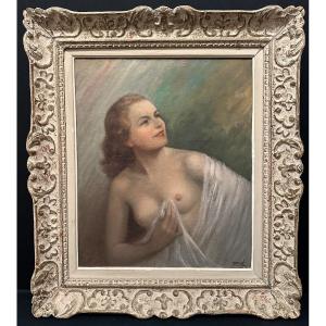 Painting Naked Woman With Pink Veil By Jean Jannel Circa 1930