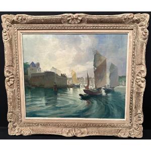 Painting The Port Of Concarneau By Henri Miloch