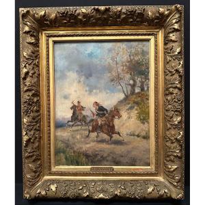 Military Painting Pursuit Of Horsemen By Louis émile Benassit 19th Century