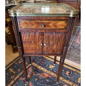 Louis XVI Curtain Bedside Table With Rosewood And Mahogany Marquetry , Late 18th Century