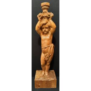 Carved Wood Statue Crowned Child Corinthian Capital Holder Fir 20th Century 87 Cm
