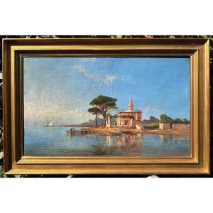 Large Orientalist Painting Mosque On The Bosphore 19th Century