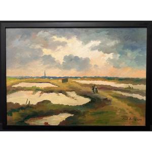 Louis Suire Large Painting Couple Of Salt Workers In The Marshes Of Ars-en-ré, île De Ré, 1984