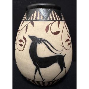 Ciboure Neo-greek Lamp Base Vase With Gazelles, Vilotte Period, Painted By Garcia, Circa 1930