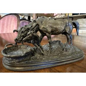 Small Bronze Sculpture Of A Mare And Her Foal Near A Basket By Pierre-jules Mêne, 19th Century
