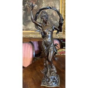 Art Nouveau Bronze Sculpture The Return Of The Swallows By Adrien Gaudez 19th Century 61.5 Cm