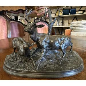 Small Bronze Sculpture Of A Deer And Doe On The Lookout By Pierre-jules Mêne 19th Century
