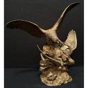 Gilded Bronze Sculpture Eagles Fighting By Christophe Fratin Alfred Daubrée Founder 19th Century