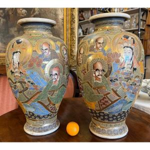 Japan Large Pair Of Satsuma Earthenware Vases 56 Cm Meiji Period Late 19th Century