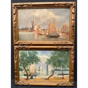 Pair Of Small Paintings Of Views Of The Port Of La Rochelle By Suzanne Bizard, 20th Century