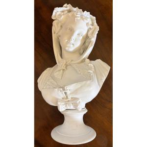 Important Female Bust Of Fanchonnette Biscuit Porcelain By Hector Lemaire, Late 19th Century, 49 Cm