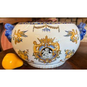 Important Fine Gien Earthenware Planter With Italian Renaissance Decor, 1875 Mark, Late 19th Century