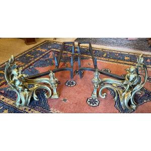 Important Pair Of Bronze Andirons In The Louis XV Style With Cherubs, Napoleon III Period 