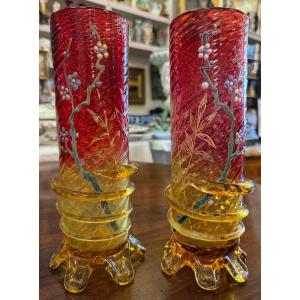 Pair Of Crystal Roll Vases With Japanese Enamel Decoration And Snakes Late 19th Century