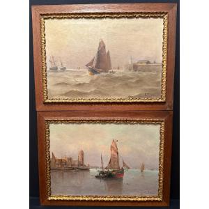 Pair Of Marine Paintings Of Fishing Boats Leaving The Port By E Tenner, 19th Century