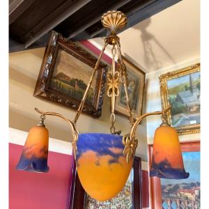 Art Deco Chandelier Muller Frères In Lunéville Glass Paste Gilt Bronze Frame