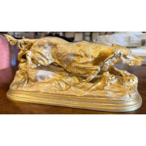 Gilded Bronze Sculpture Of A Pointing Spaniel Hunting Dog After Jules Moignez