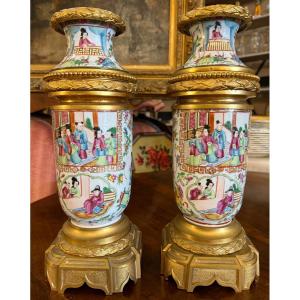 China Pair Of Canton Porcelain Vases Mounted In Gilt Bronze, Napoleon III Period