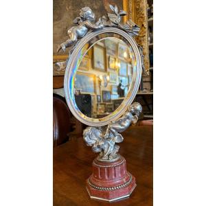 Silver-plated Bronze Psyche Mirror With Cupids By Louis Kley, Napoleon III Period