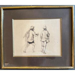 Drawing Of The Two Beggars In Brown Ink On Paper Attributed To Paul Gavarni, 19th Century