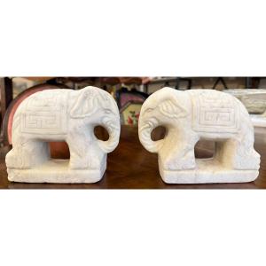 Indochina Pair Of White Marble Elephants Circa 1930