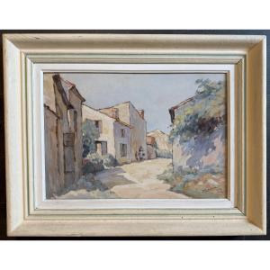 Large Gouache Of A Lively Alley On The Island Of Oléron By Camille Mériot Rochefort