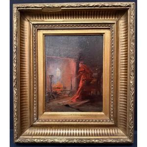 Painting Of A Cardinal Warming Himself By The Fireplace By Géo Weiss, Barbizon School