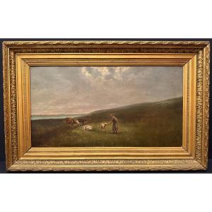 19th Century Painting Of A Farmer And Her Flock By Malteau