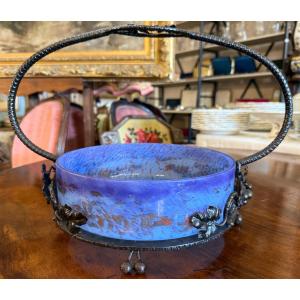 Art Deco Fruit Bowl In Blue-orange Glass And Wrought Iron By Degué Circa 1925