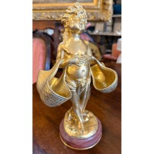 Art Nouveau Gilded Bronze Sculpture Of A Young Girl With Baskets By Joseph Chéret E Soleau Founder