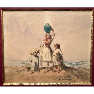 Avignon Watercolor Fisherwoman And Her Children By Teofil Kwiatkowski 1841