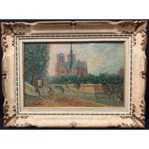Pointillist Painting Of The Apse Of Notre Dame De Paris And The Seine By Pueblo Circa 1930