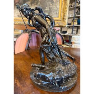Bronze Sculpture Of Diana The Huntress With A Wild Boar After Bouchardon, 19th Century Cast Iron