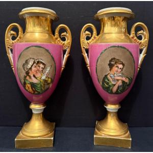 Pair Of Empire Vases In Paris Porcelain With Antique Decoration, Restoration Period, Circa 1820