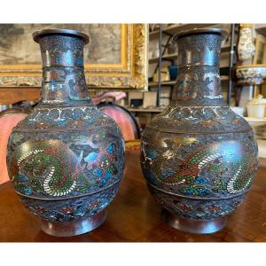 Pair Of Enamelled Bronze Dragon Vases, Japan, Late 19th Century