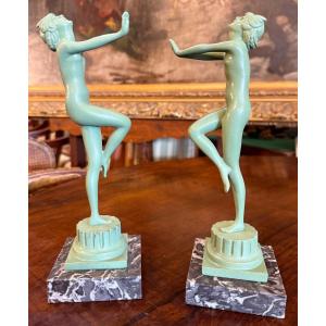 Pair Of Art Deco Bronze Sculptures Of Dancing Nude Women By Serge Zelikson