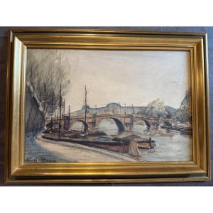 Watercolor Of Barges At Quayside On The Seine In Front Of Pont Neuf In Paris By Frank-boggs