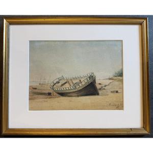 Watercolor Painting Of A Boat Beached On The Shores Of Fouras, 1890