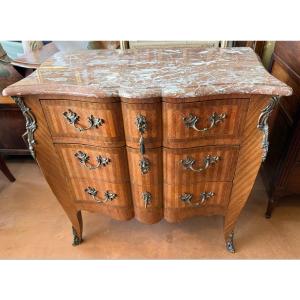 Small Louis XV Marquetry Commode With Crossbow-shaped Top, Late 19th Century, 87 Cm