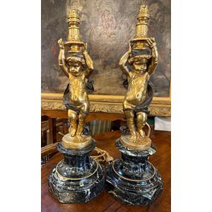 Important Pair Of Lamps With Gilt Bronze And Marble Putti, Late 19th Century, 53 Cm