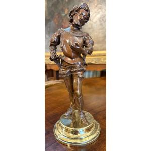 Small Bronze Sculpture Of A Renaissance Gentleman With A Breastplate Reading A Note By Alfred Barye 