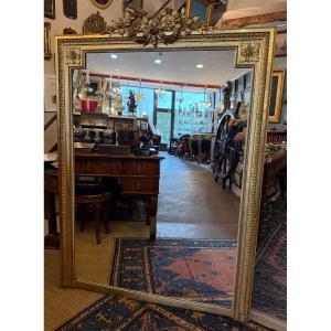 Large Louis XVI Style Fireplace Mirror In Gilded Stucco Wood, Napoleon III Period, Late 19th Century