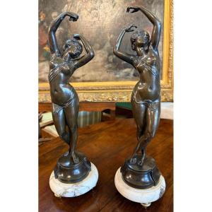 Two Bronze Sculptures Of Nude Female Dancers, Pendant By Louis Kley, Late 19th Century