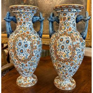 Gien Large Pair Of Fine Earthenware Vases With Paisley Decoration Circa 1900 40 Cm