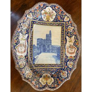 Large Dish Saint-etienne De Sens Cathedral Desvres Earthenware Gabriel Fourmaintraux 1900